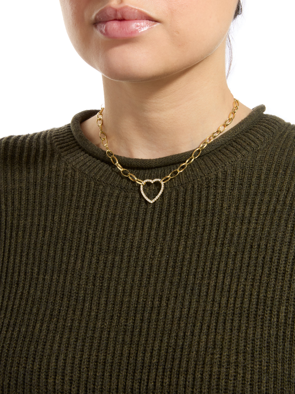 Large Diamond Open Heart on Medium Edith Link Chain Yellow Gold Neckla