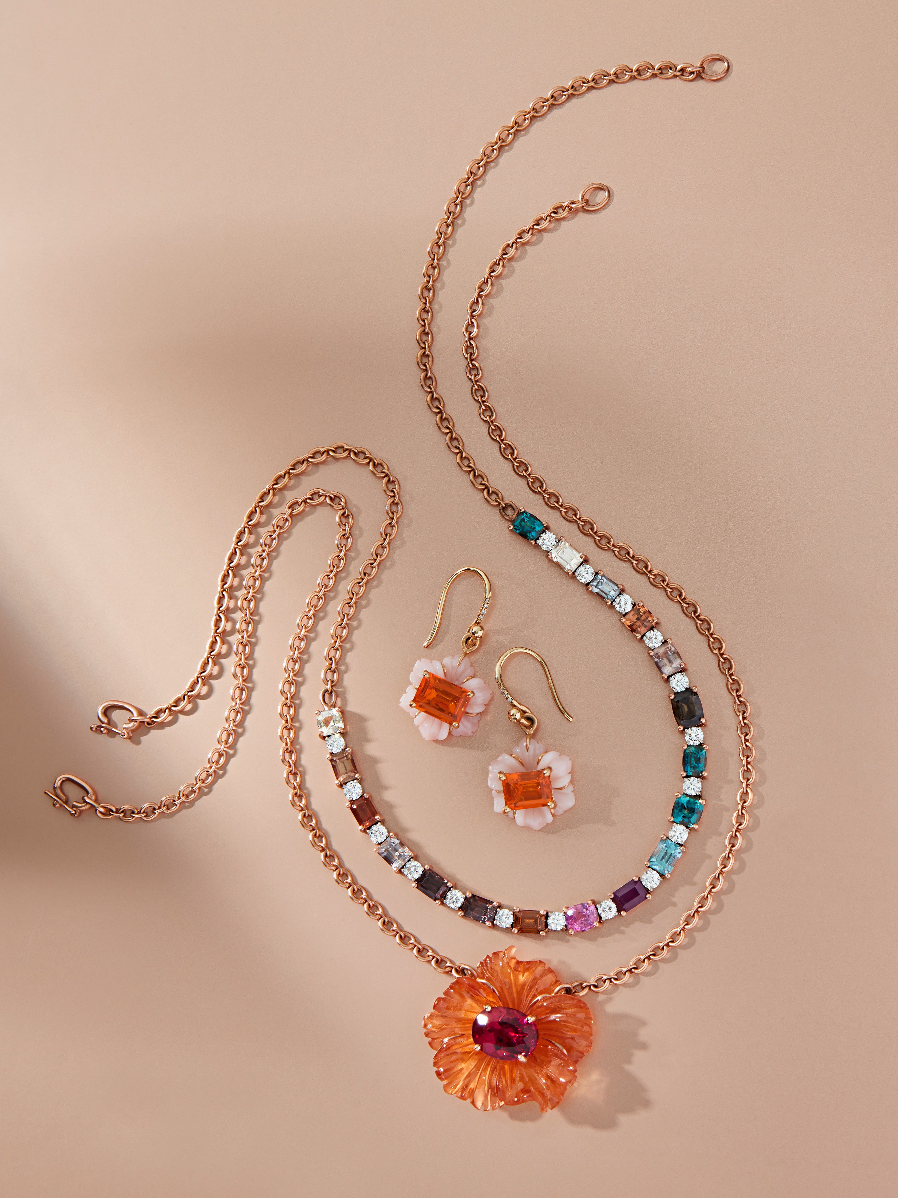 Carved Mandarin Garnet and Rubellite Tropical Flower Rose Gold Necklac