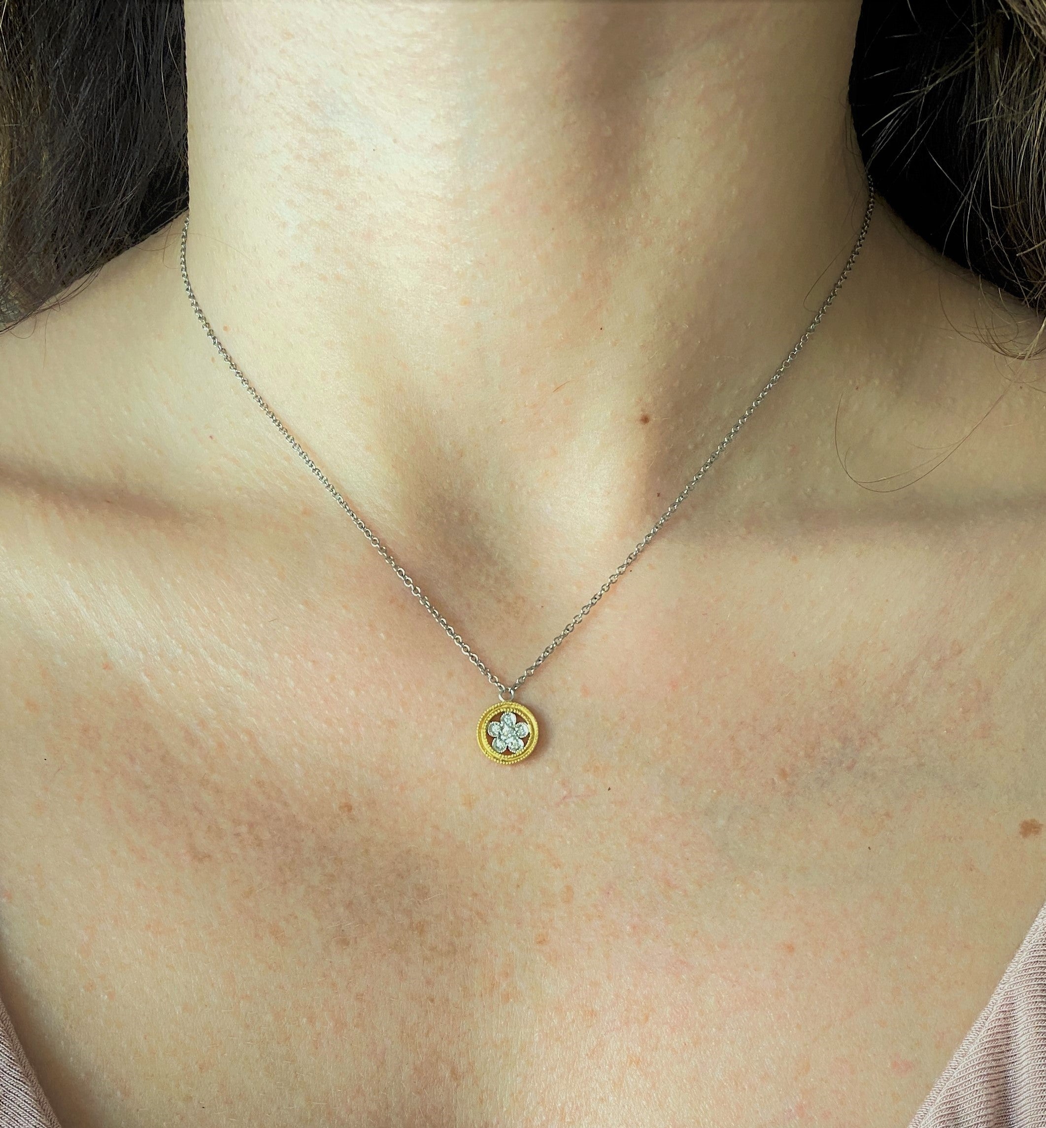 Double Diamond Flower Necklace, Yellow Gold