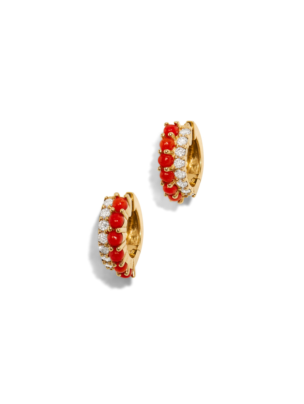 Coral & Diamond Yellow Gold Huggie Hoop Earrings