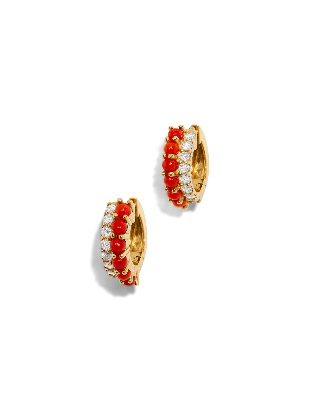 Coral & Diamond Yellow Gold Huggie Hoop Earrings