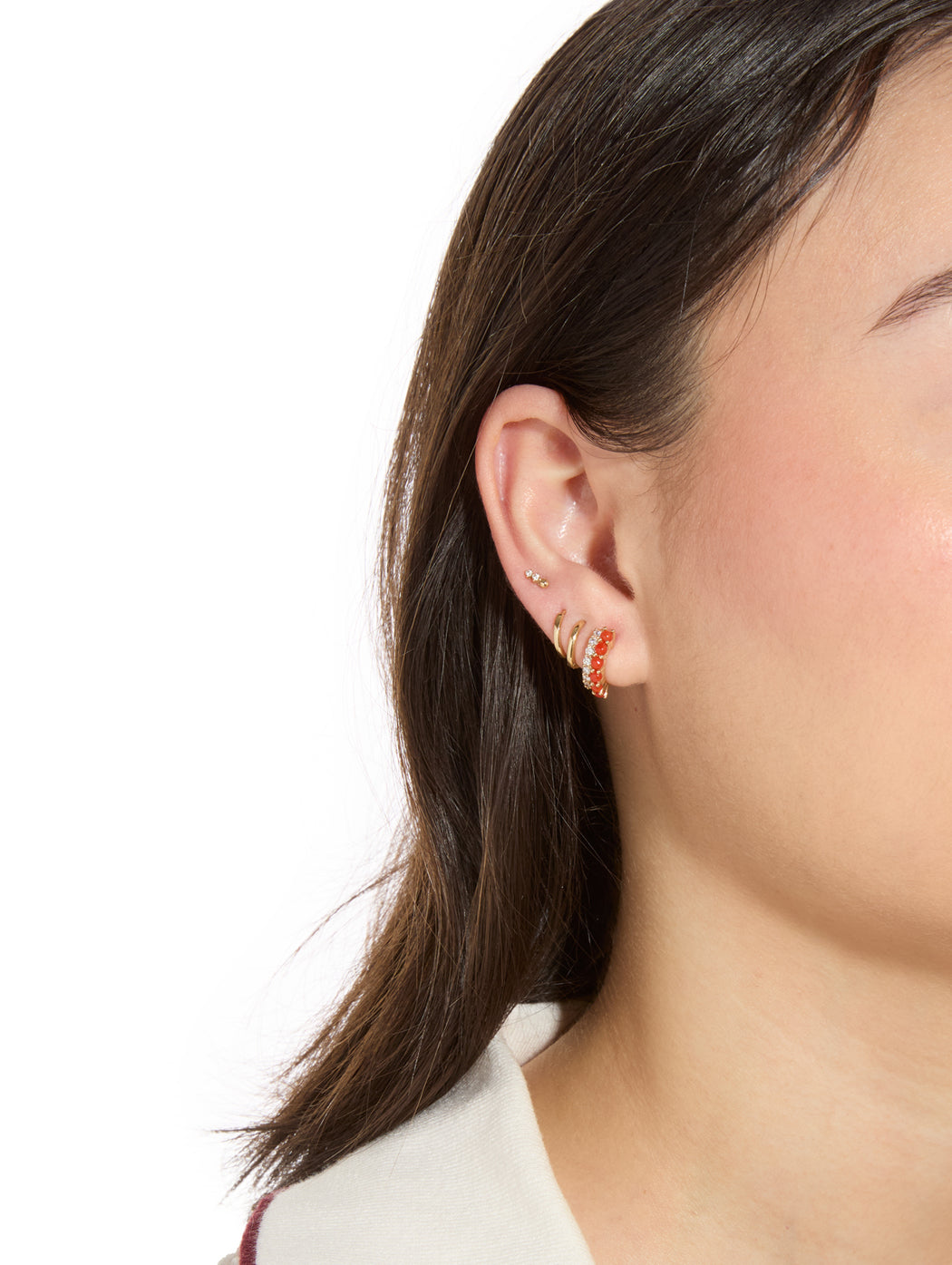 Coral & Diamond Yellow Gold Huggie Hoop Earrings