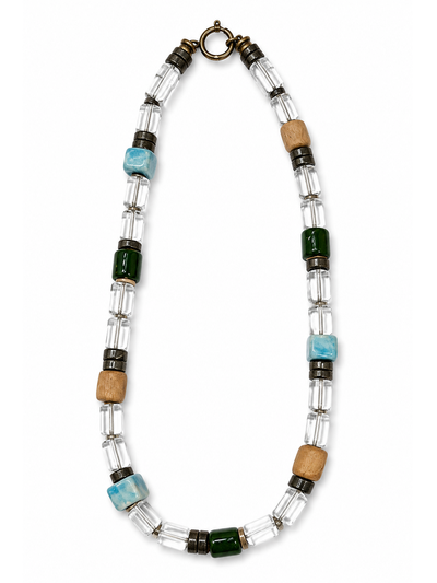 Blue Short Ribbon Beaded Necklace