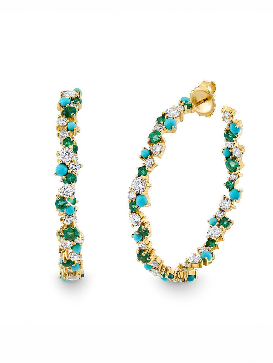 Large Turquoise, Emerald, and Diamond Cocktail Hoop Earrings
