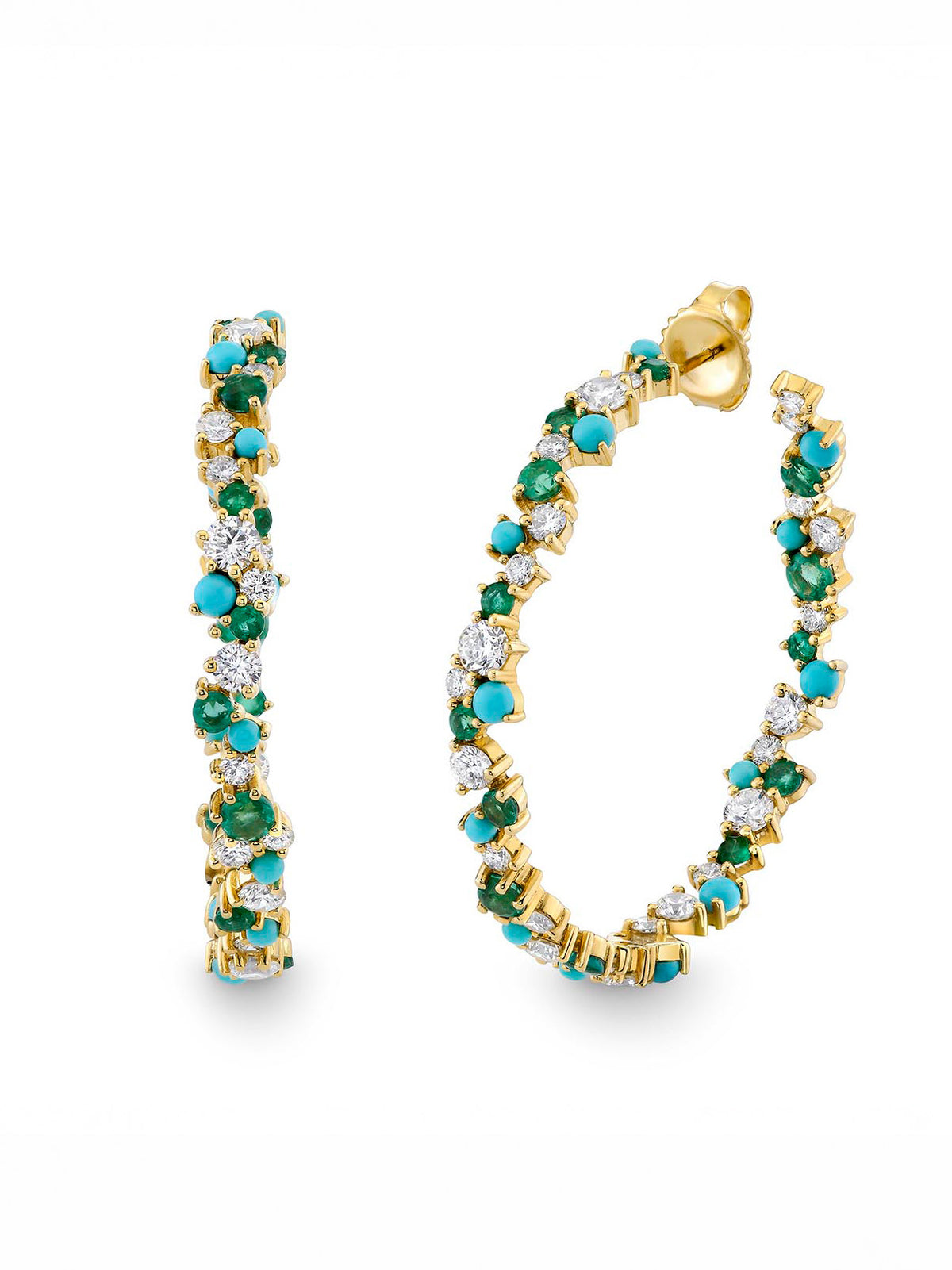 Large Turquoise, Emerald, and Diamond Cocktail Hoop Earrings