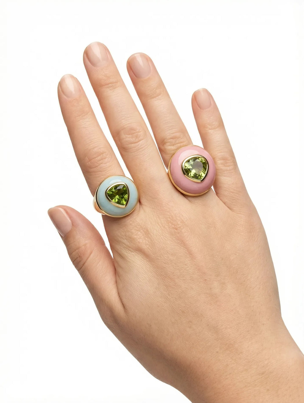 Green Tourmaline Pear in Pink Opal Classic Lollipop Yellow Gold Ring