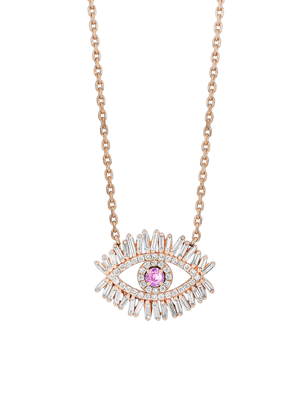Pink Sapphire and Diamond Evil Eye Rose Gold Necklace