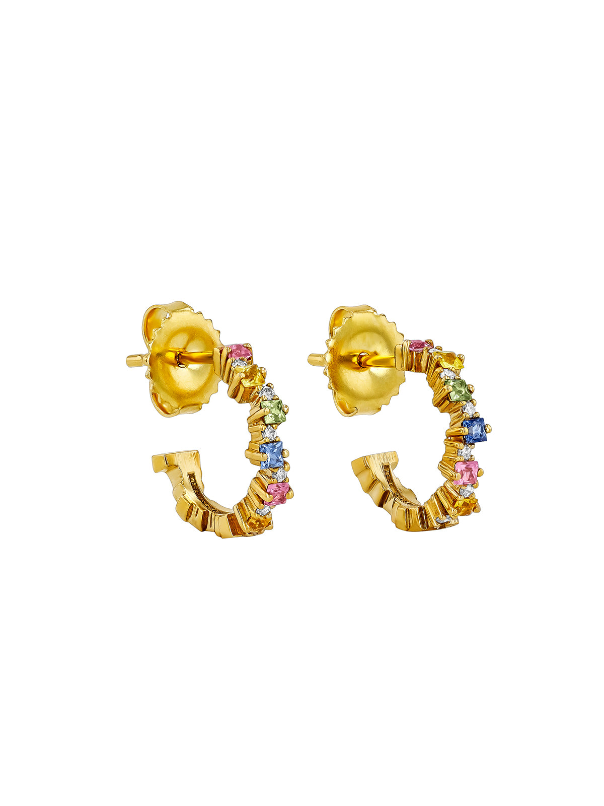 Princess Cut Staggered Pastel Sapphire Yellow Gold Mini Hoops