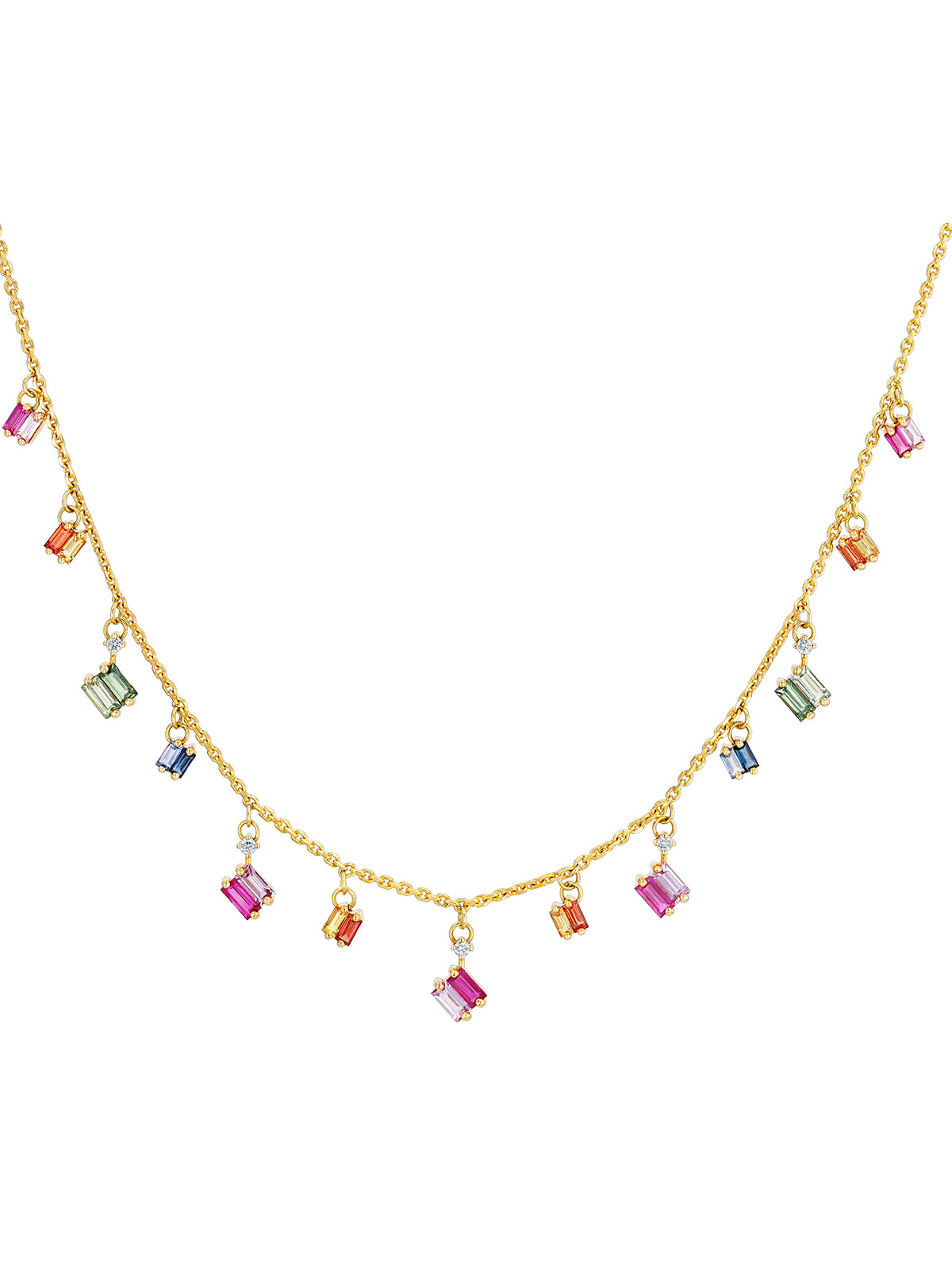 Rainbow Sapphire Dangle Yellow Gold Necklace