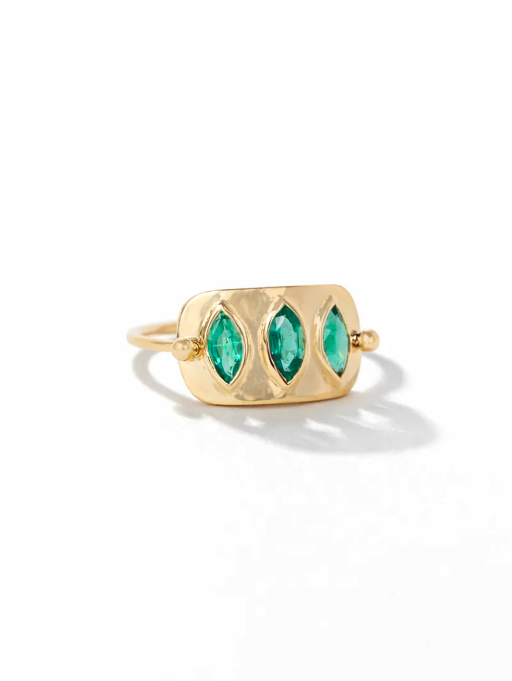 Triple Marquise Colombian Emerald Plate Yellow Gold Ring