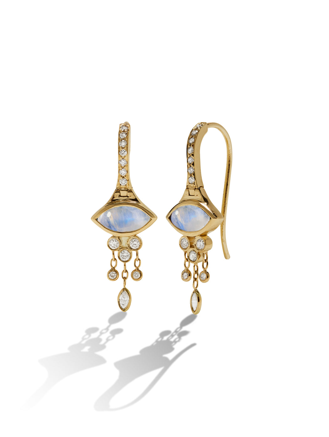 Moonstone Marquise & Diamond Dormeuse Yellow Gold Earrings