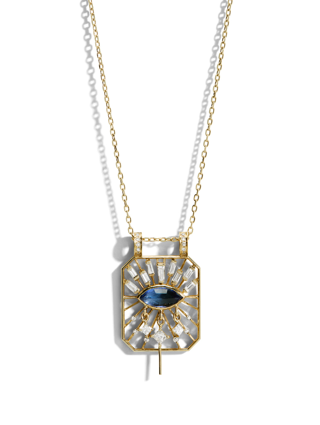 Tanzanite Marquise Eye Open Rectangle Yellow Gold Necklace