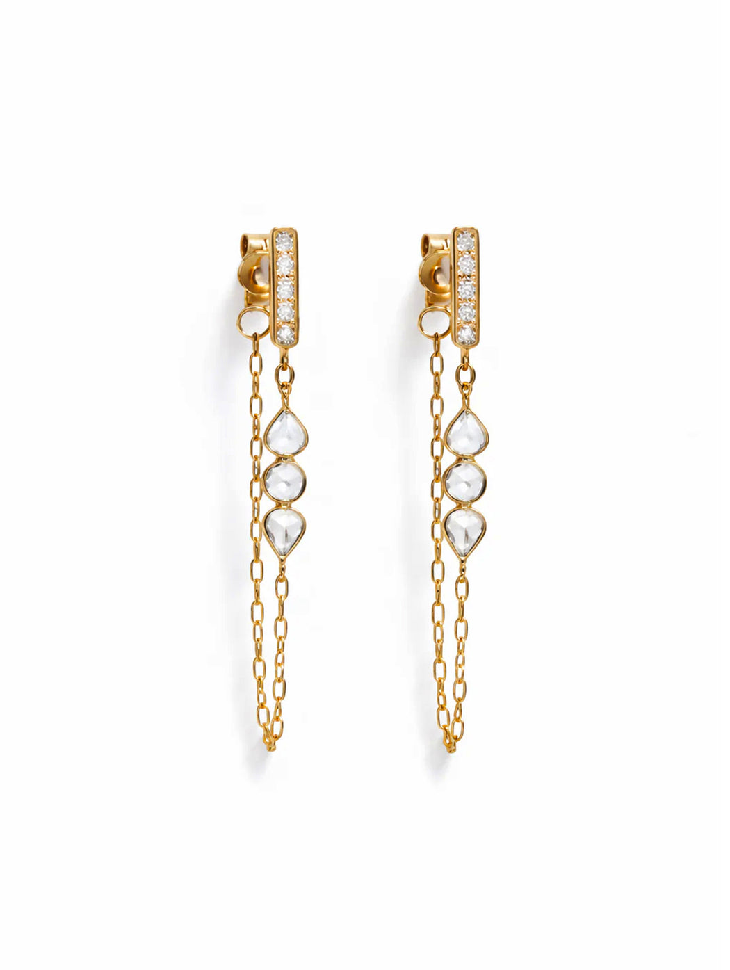 Three Rose Cut Diamond Chain Yellow Gold Earrings