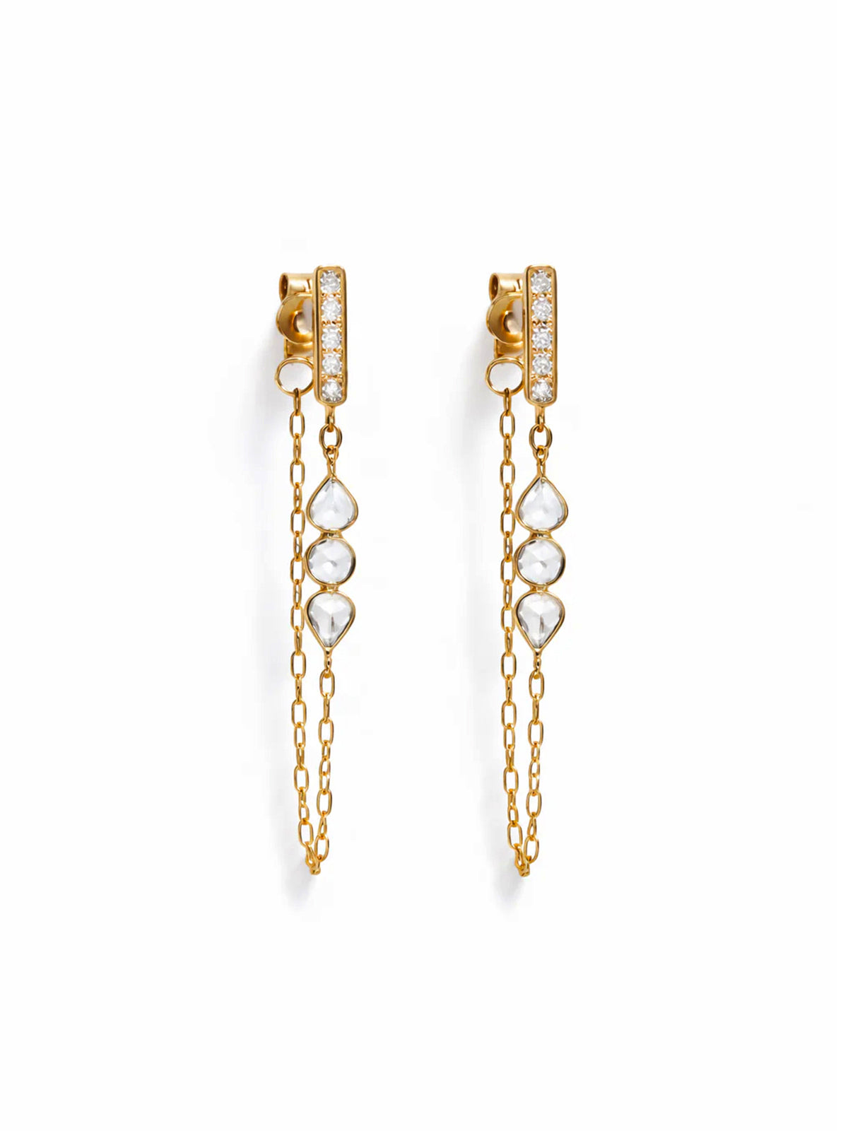 Three Rose Cut Diamond Chain Yellow Gold Earrings