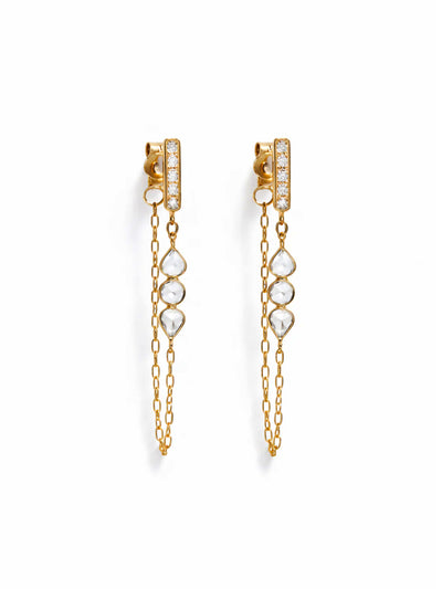 Three Rose Cut Diamond Chain Yellow Gold Earrings