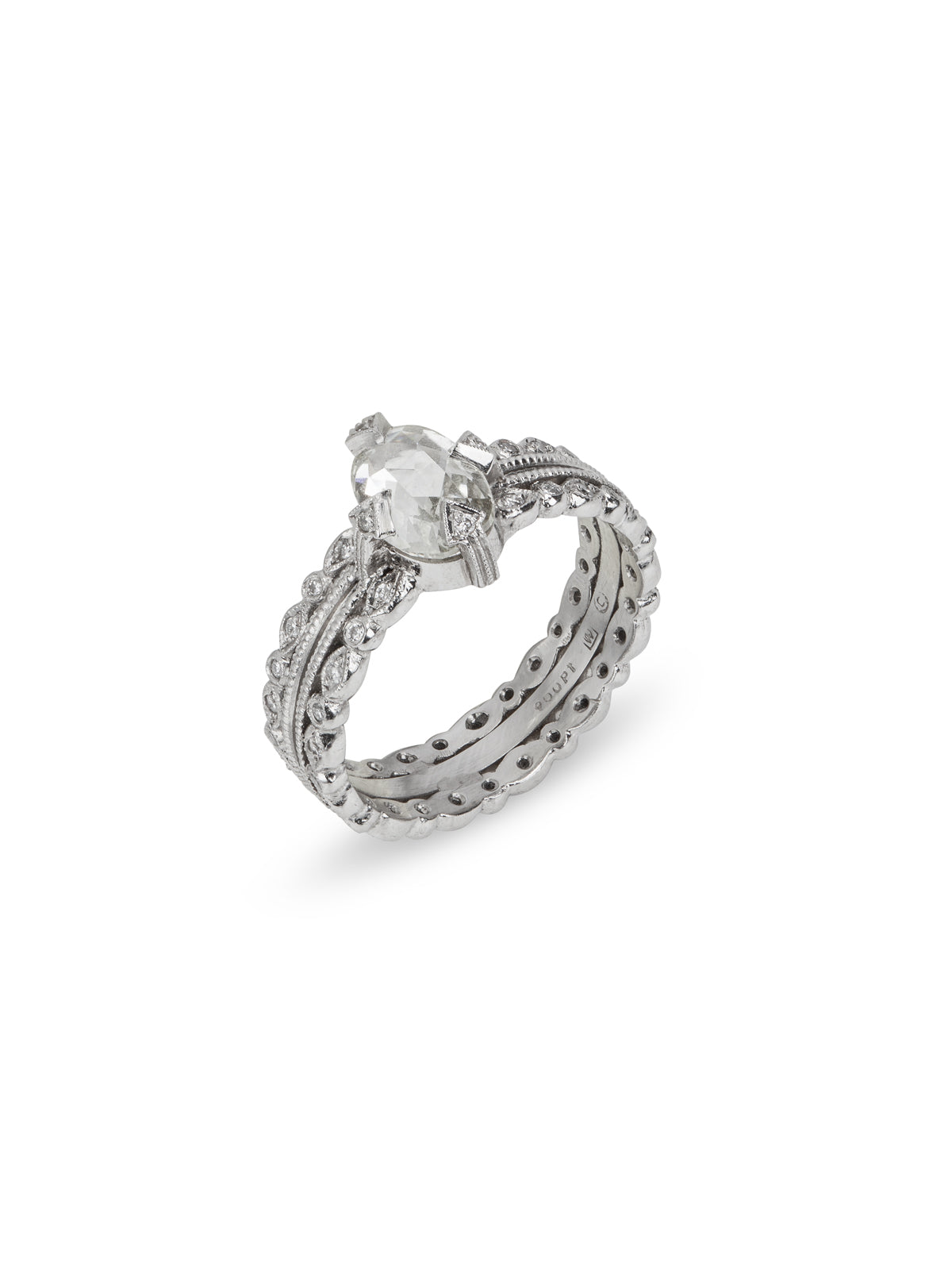 Oval Diamond Solitaire On Double Milgrain Seed Platinum Ring