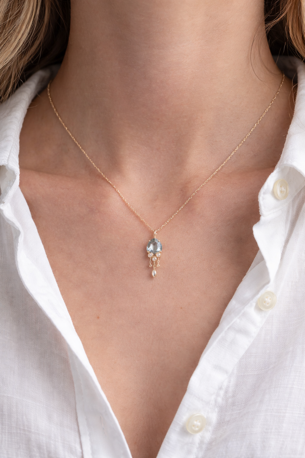 Aquamarine & Diamond Jellyfish Yellow Gold Necklace