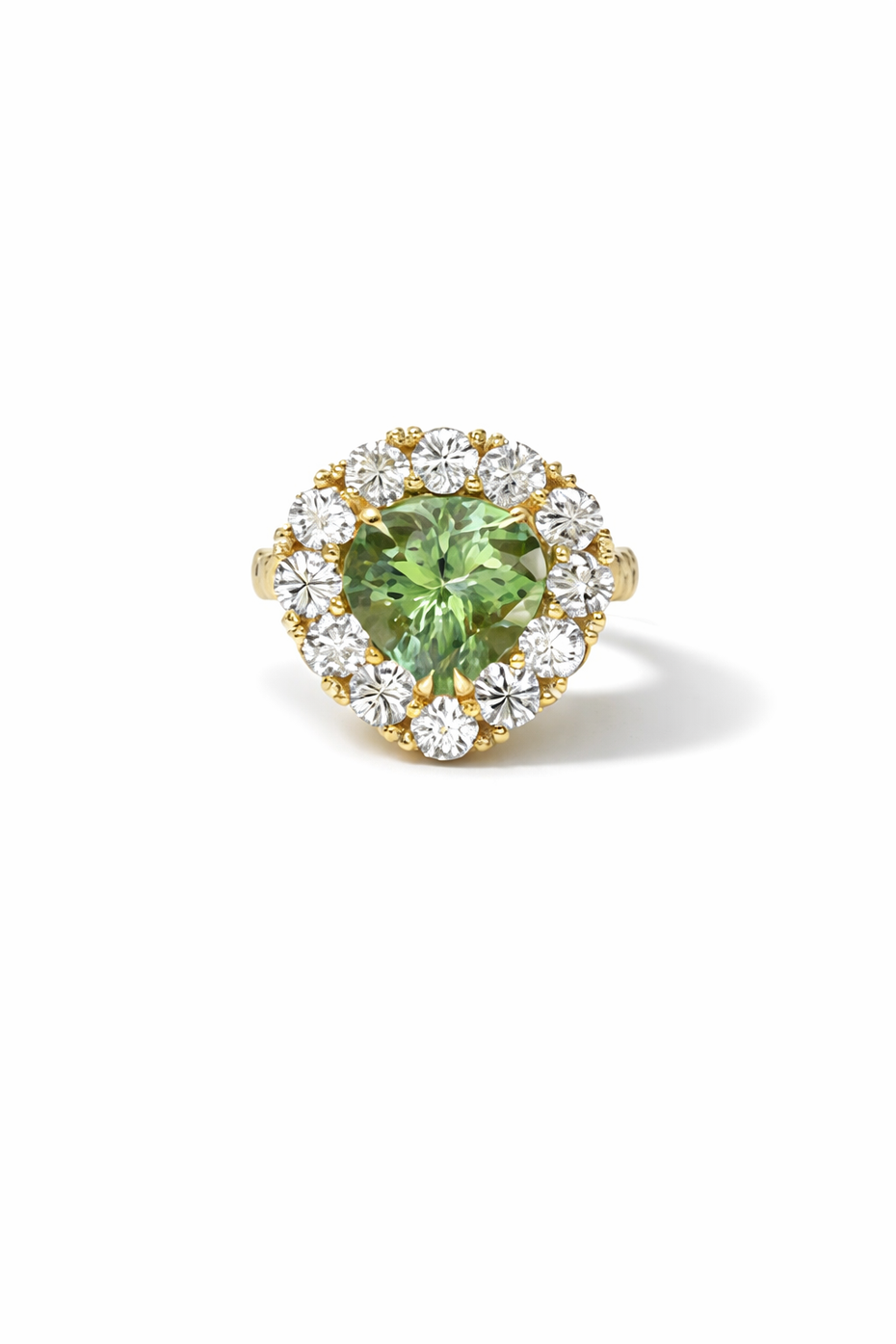 Pear Green Tourmaline and Diamond Heirloom Yellow Gold Ring