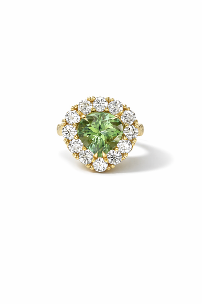 Pear Green Tourmaline and Diamond Heirloom Yellow Gold Ring