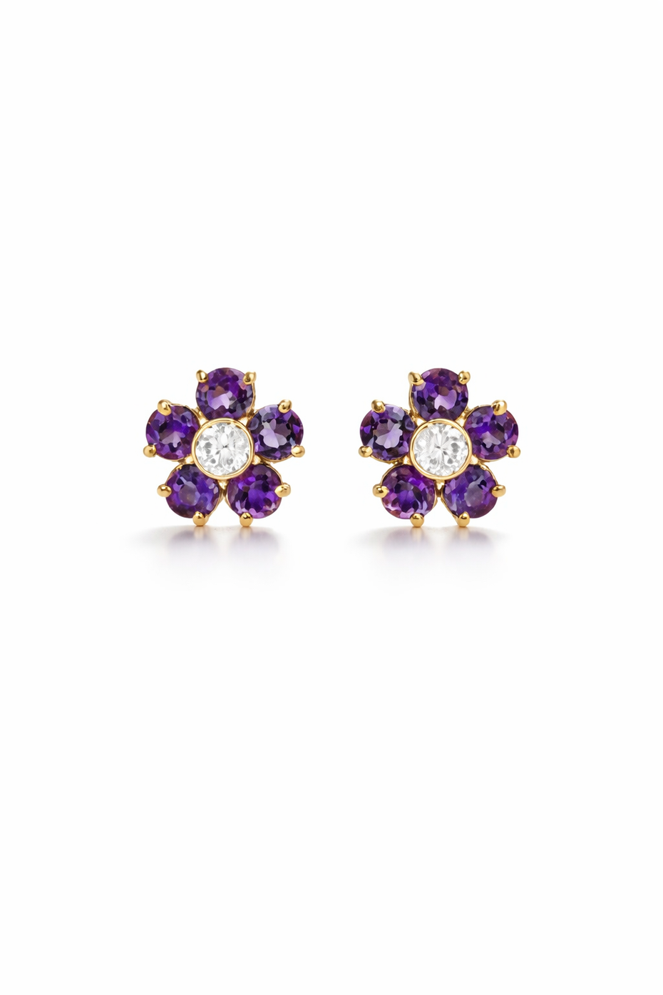 Large Amethyst and Diamond Flower Yellow Gold Stud Earrings