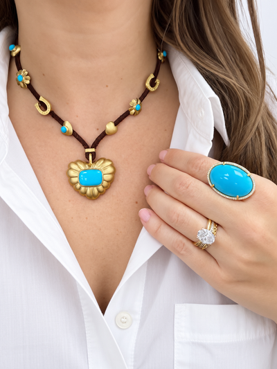 Gemmy Gem Turquoise Cabochon and Diamond Pave Yellow Gold Ring