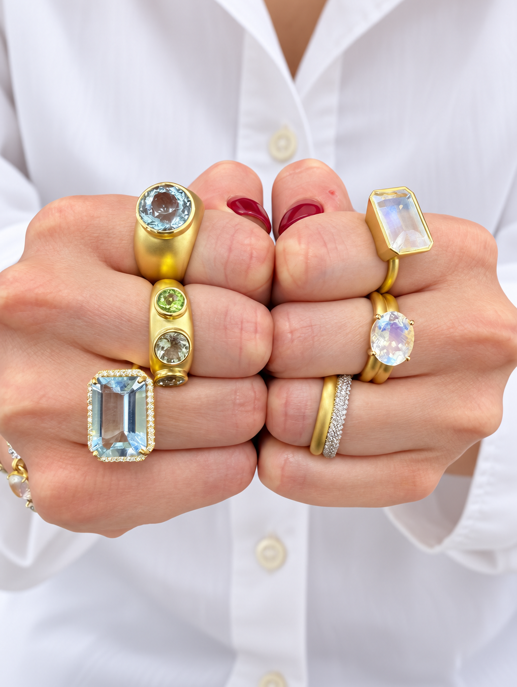 Gemmy Gem Rainbow Moonstone Bezel Yellow Gold Ring