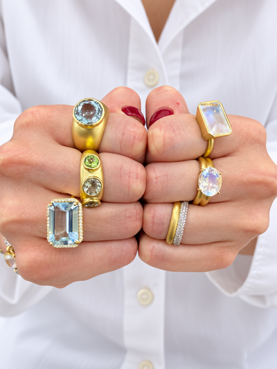 Gemmy Gem Rainbow Moonstone Bezel Yellow Gold Ring