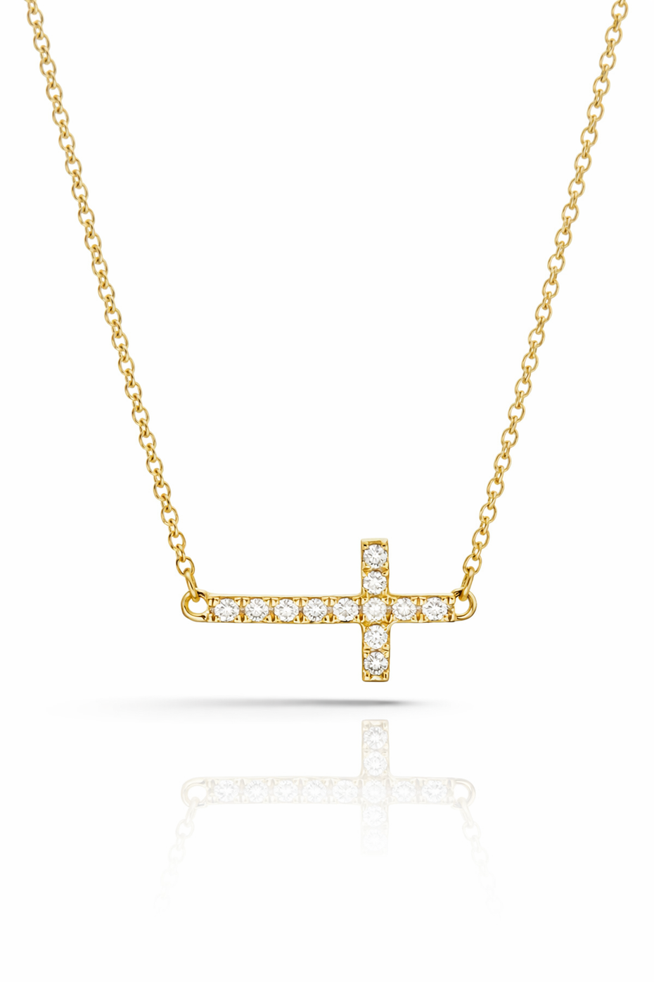Small Sideways Diamond Cross Yellow Gold Necklace