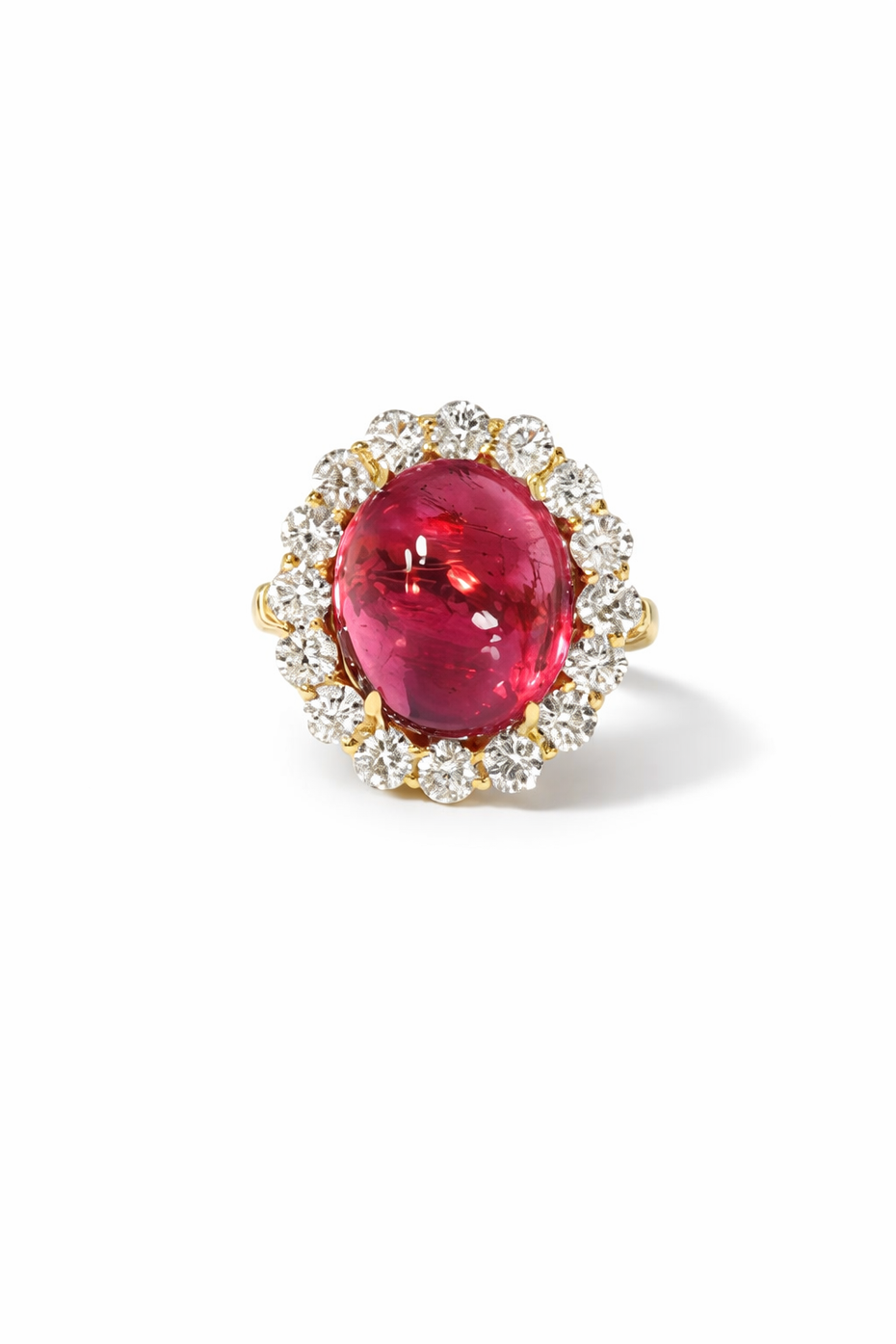 14ct Cabochon Pink Tourmaline Diamond Halo Heirloom Bezel Ring