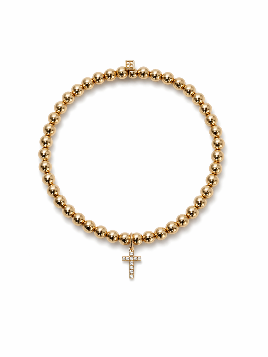 Diamond Small Cross Charm on Yellow Gold Beaded Bracelet