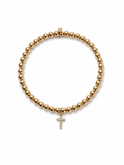 Diamond Small Cross Charm on Yellow Gold Beaded Bracelet