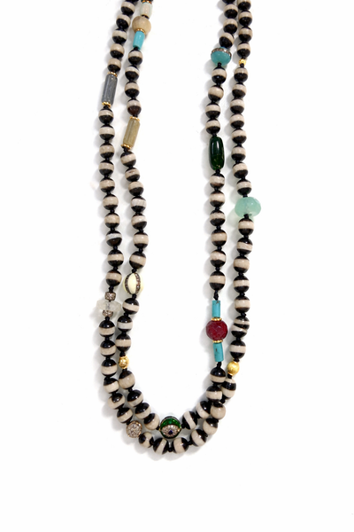 Striped Black Agate & Multi-Color Stone Long Beaded Necklace