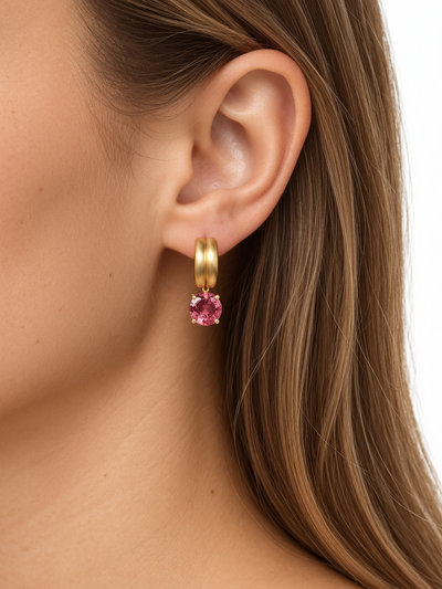 Pink Tourmaline Heroic Yellow Gold Huggie Earrings