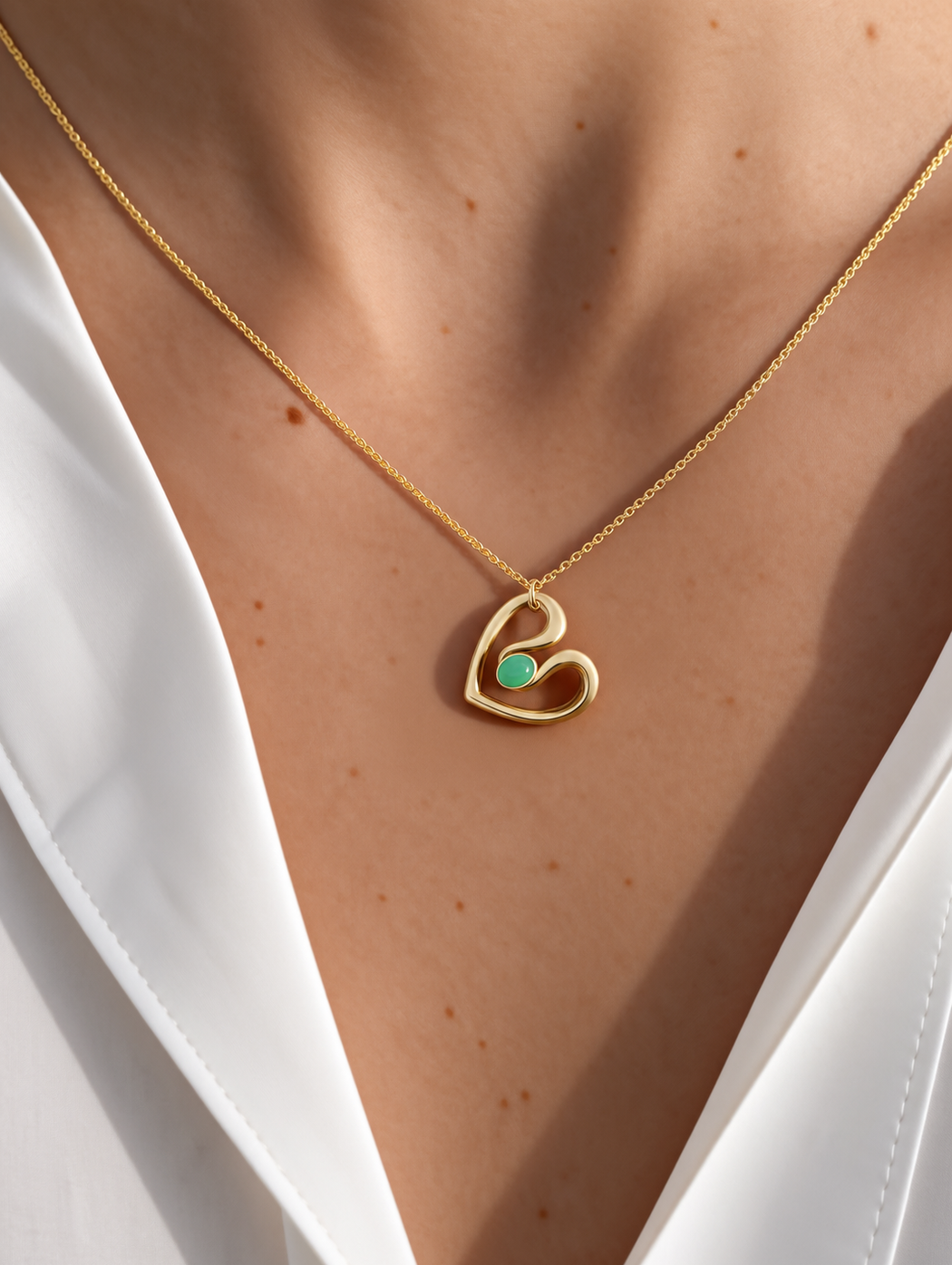 Small Chrysoprase Ribbon Heart Yellow Gold Necklace
