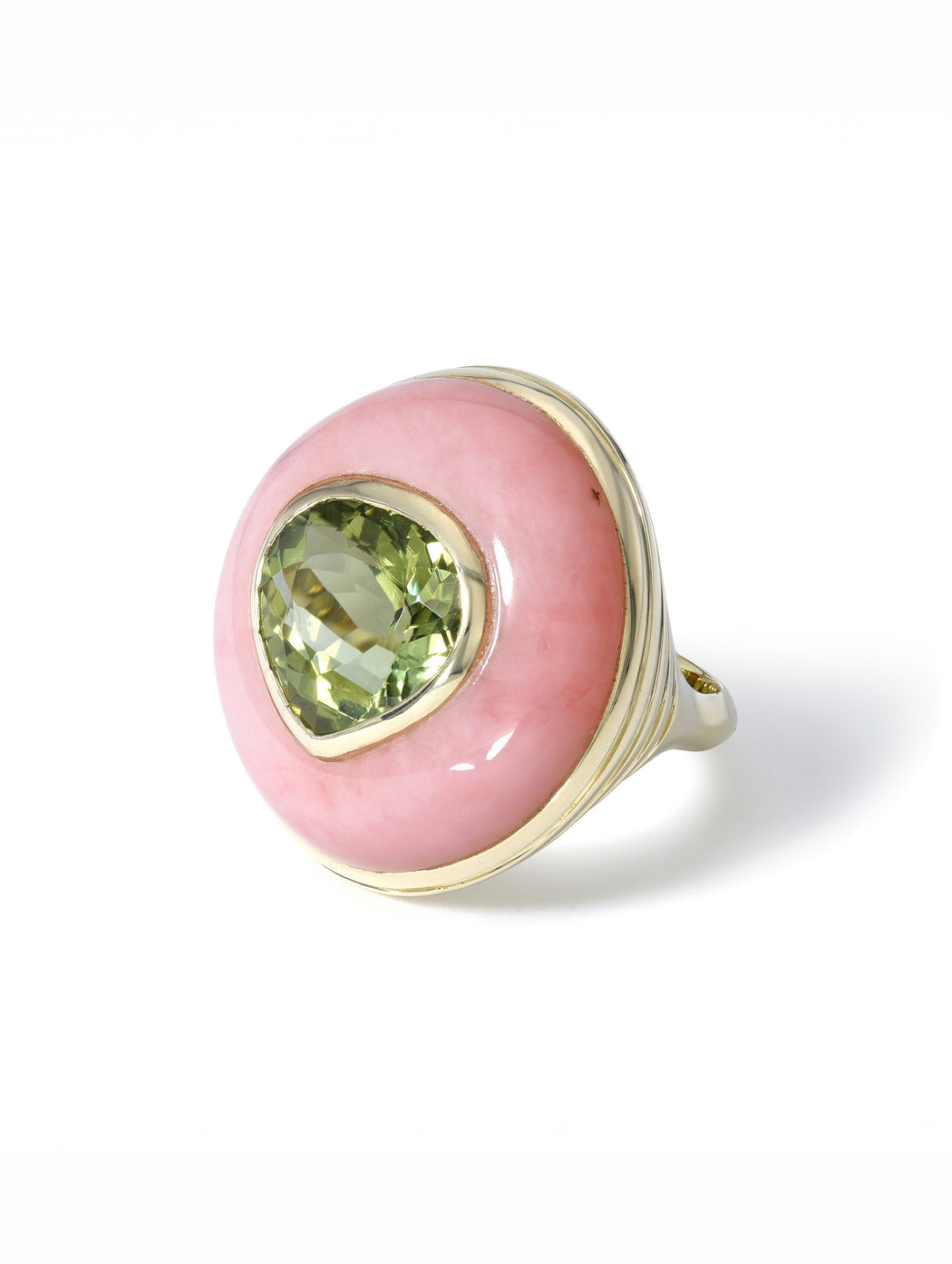 Green Tourmaline Pear in Pink Opal Classic Lollipop Yellow Gold Ring