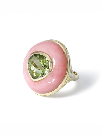 Green Tourmaline Pear in Pink Opal Classic Lollipop Yellow Gold Ring