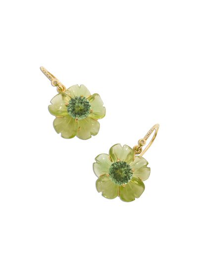 Tropical Flower Green Peridot and Green Tourmaline Yellow Gold Earrings