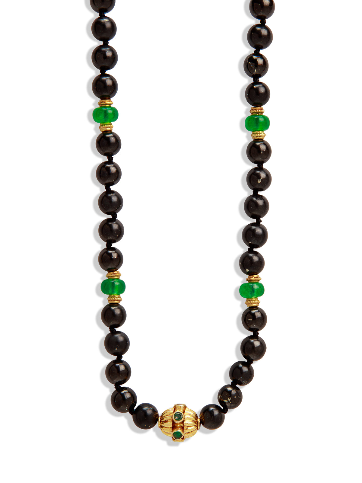 Black Shungite & Emerald Jade Beaded Yellow Gold Necklace