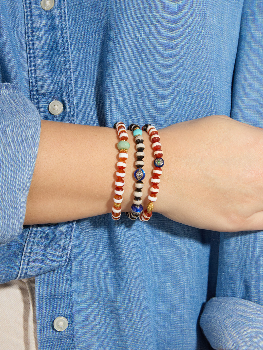 Striped Brown Agate Pavé Evil Eye & Multi Stone Beaded Bracelet
