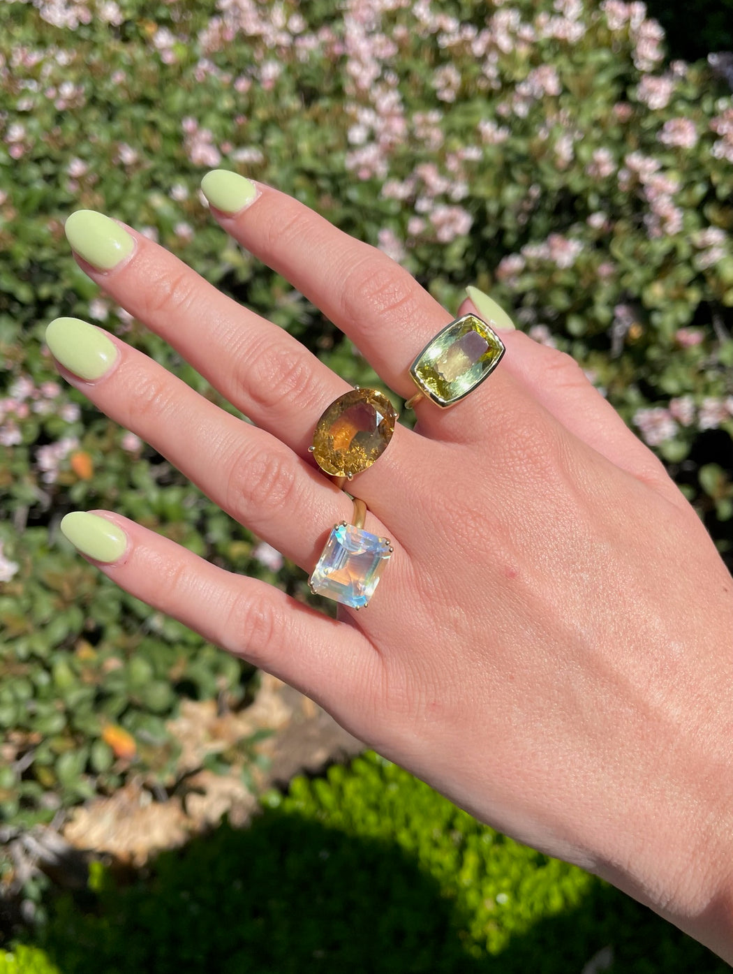 Emerald Cut Fine Moonstone Double Prong Yellow Gold Ring