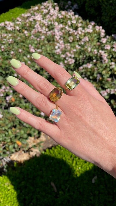 Emerald Cut Fine Moonstone Double Prong Yellow Gold Ring