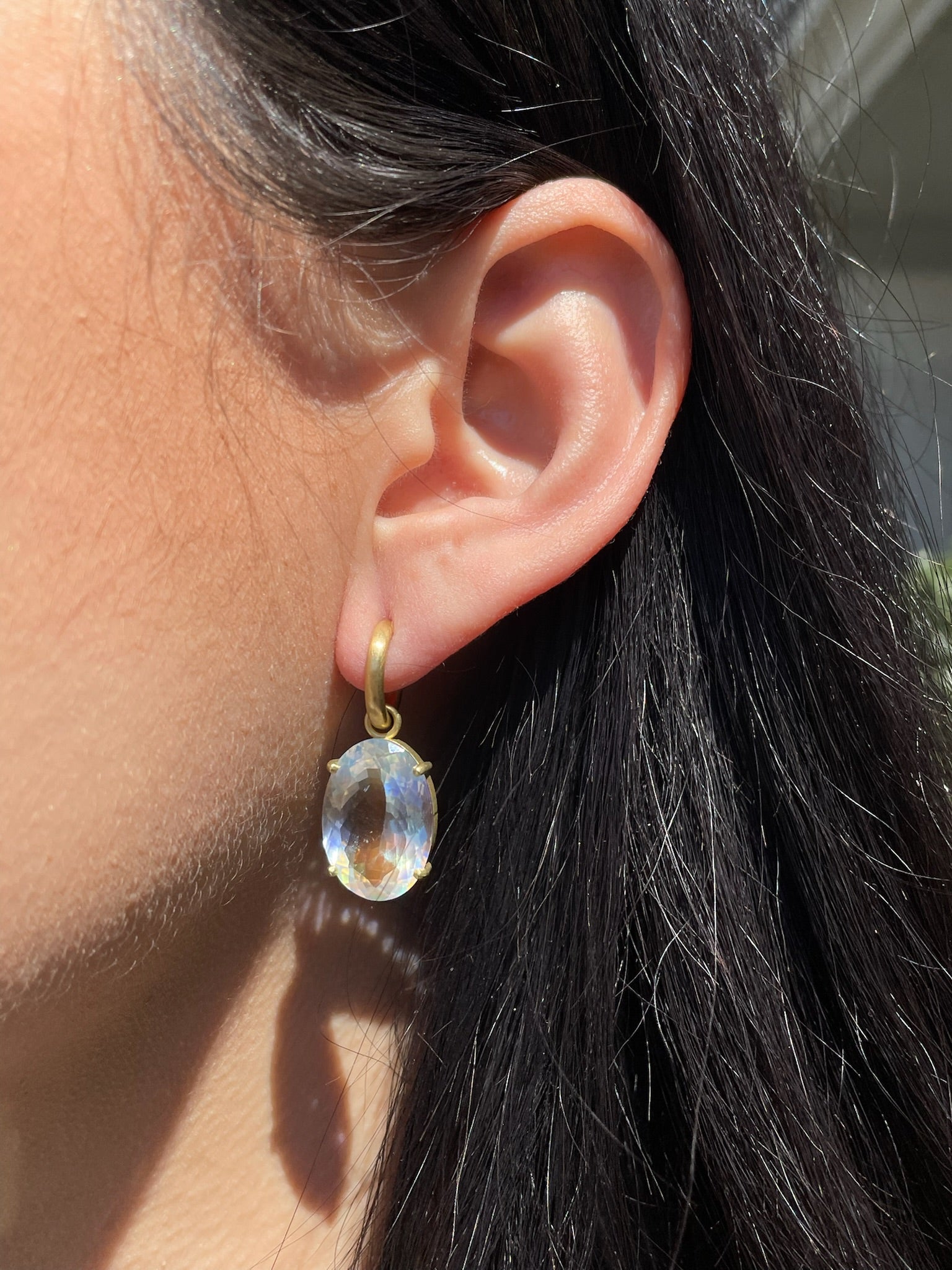 Gemmy Gem Fine Rainbow Moonstone Huggie Hoop Yellow Gold Earrings