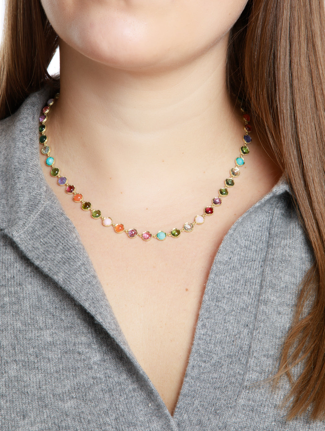 Mixed Gemstone Small Classic Link Yellow Gold Necklace