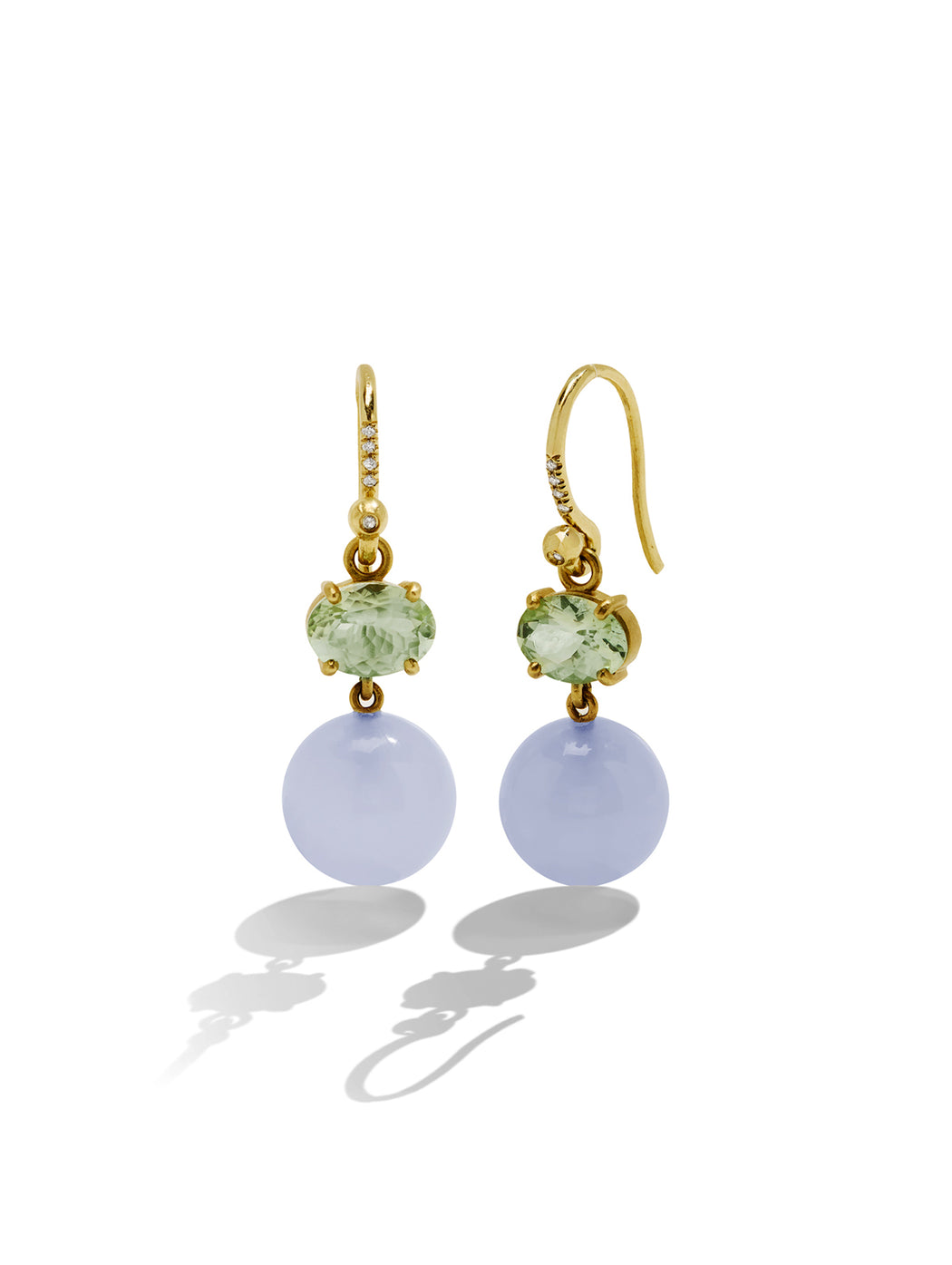 Green Tourmaline & Chalcedony Petite Gumball Yellow Gold Earrings