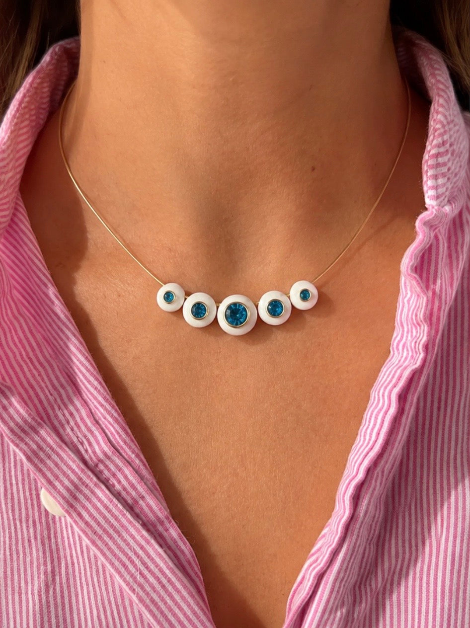 White Onyx and London Blue Topaz Gemstone Beaded Yellow Gold Necklace