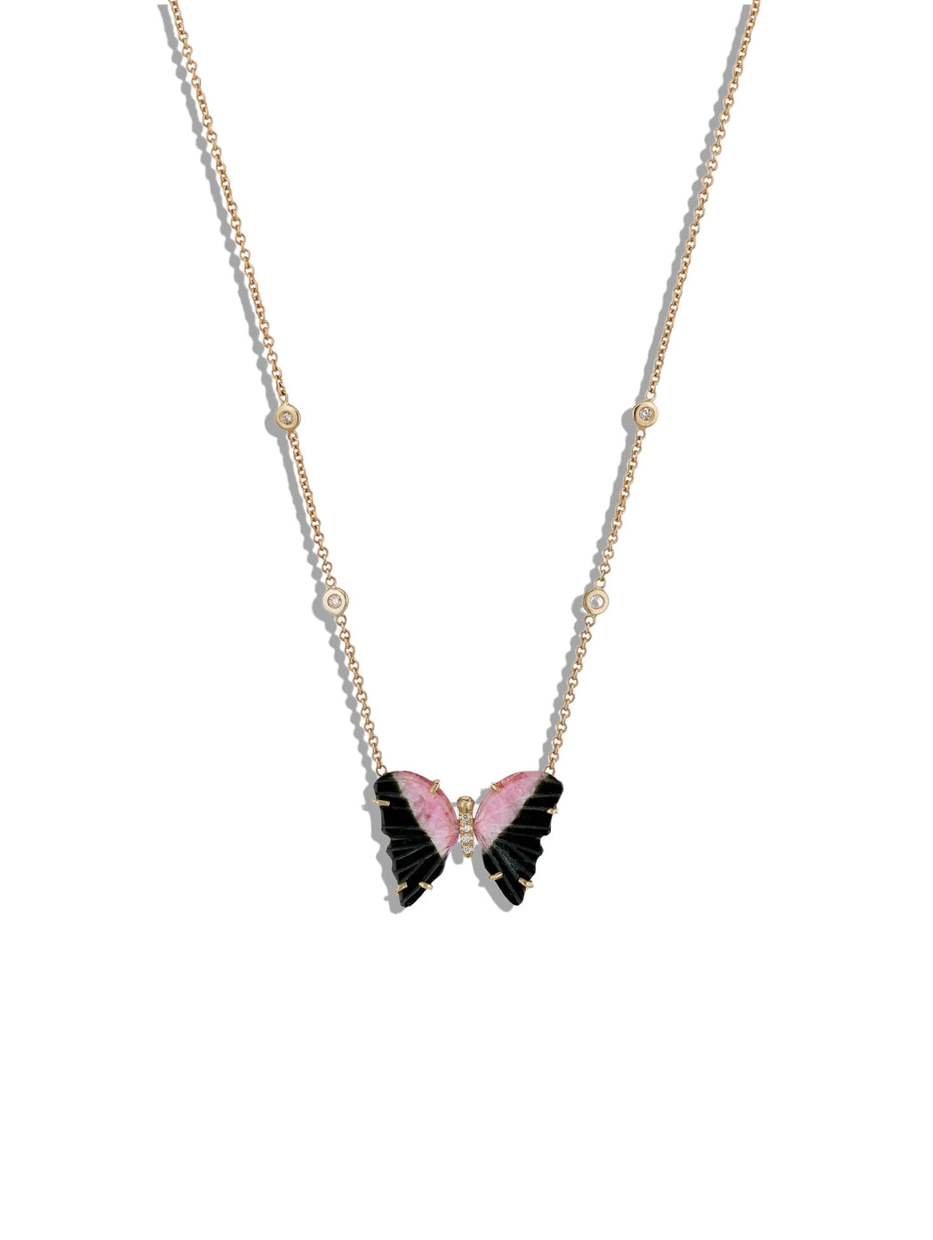 Watermelon Tourmaline Pave Diamond Butterfly Yellow Gold Necklace