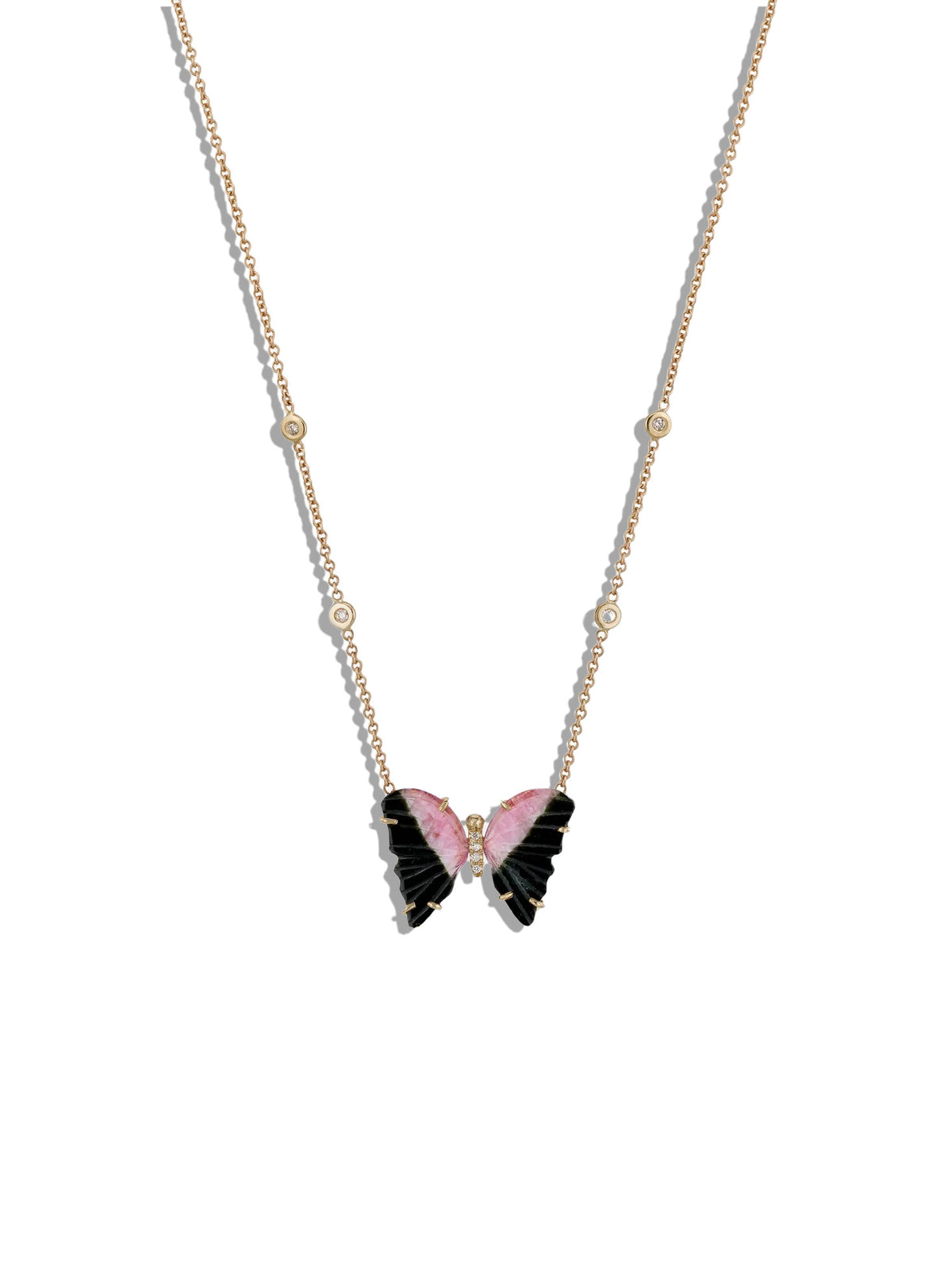 Watermelon Tourmaline Pave Diamond Butterfly Yellow Gold Necklace