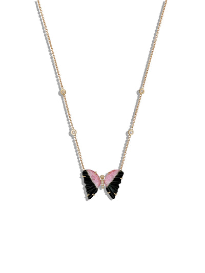 Watermelon Tourmaline Pave Diamond Butterfly Yellow Gold Necklace