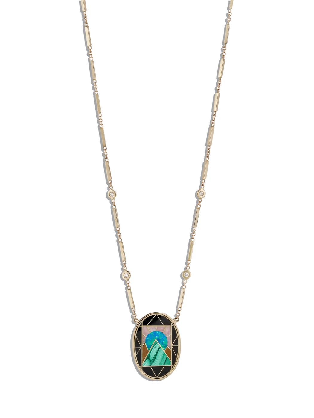 Oval Pyramid Scenic Gemstone Inlay Yellow Gold Necklace