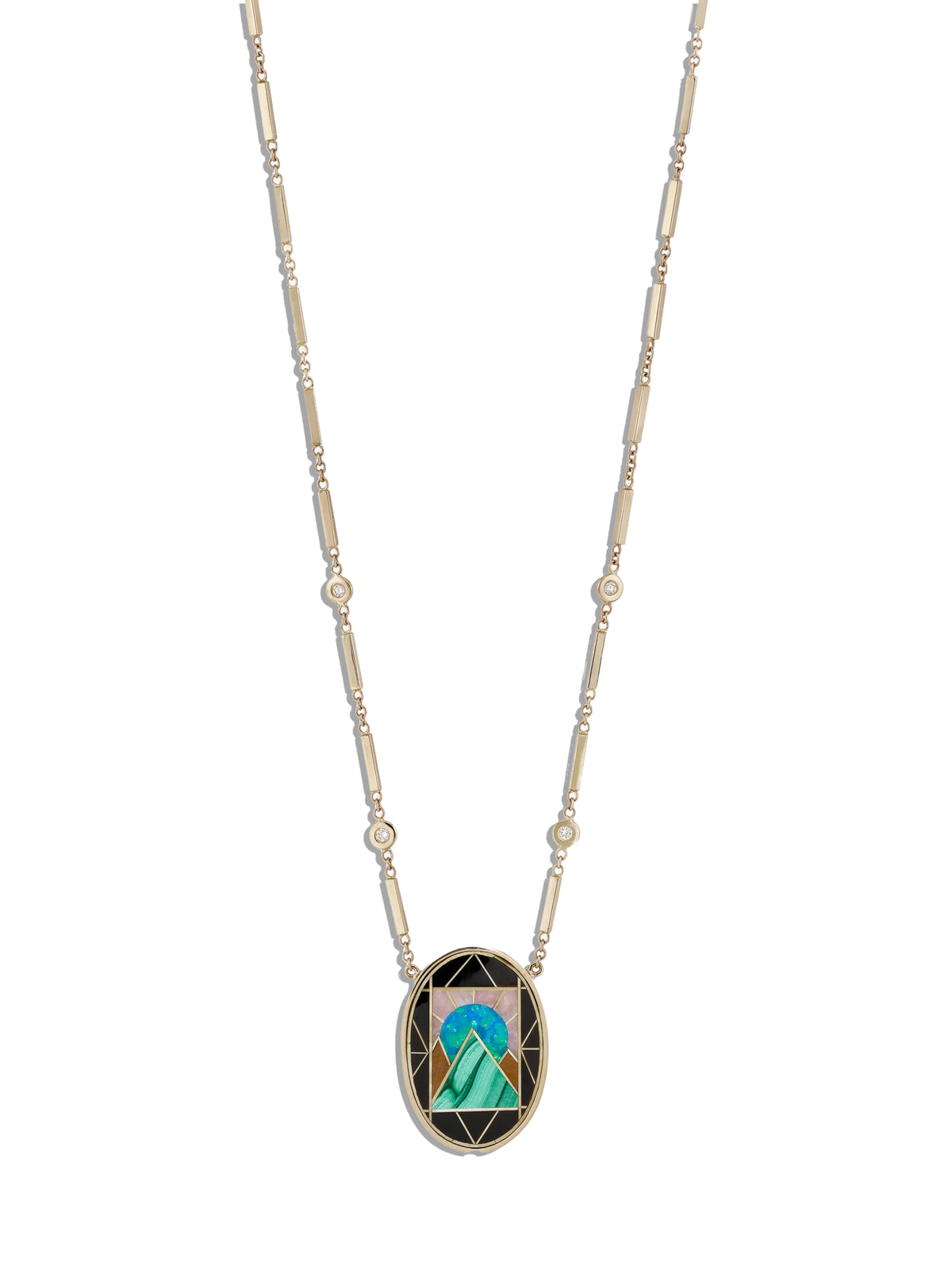 Oval Pyramid Scenic Gemstone Inlay Yellow Gold Necklace